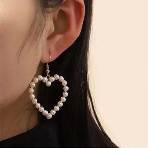 Gold Heart Faux Pearl Drop Earrings